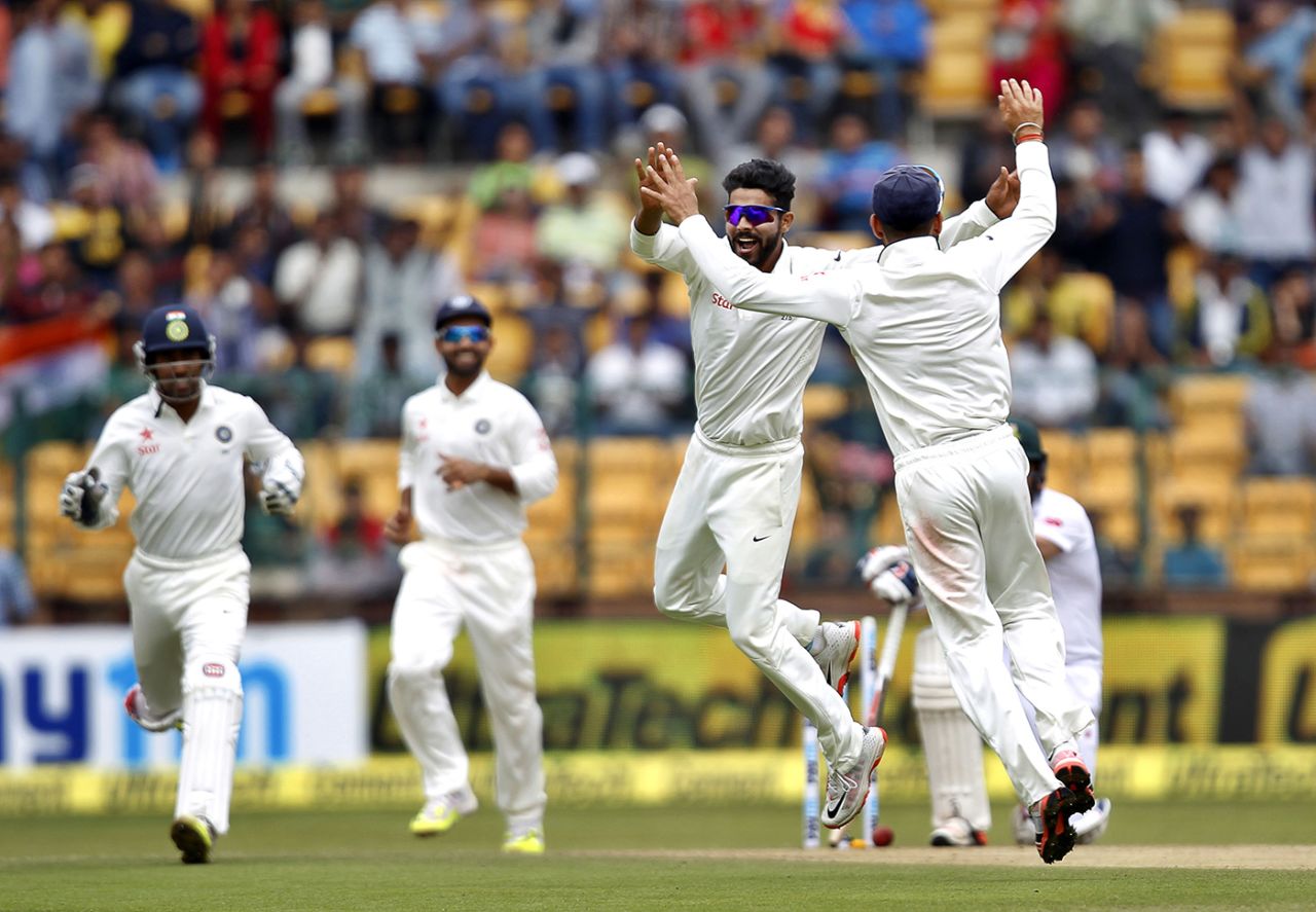 Ravindra Jadeja and Virat Kohli celebrate a wicket, India v South Africa, second Test, day one, Bangalore, November 14, 2015