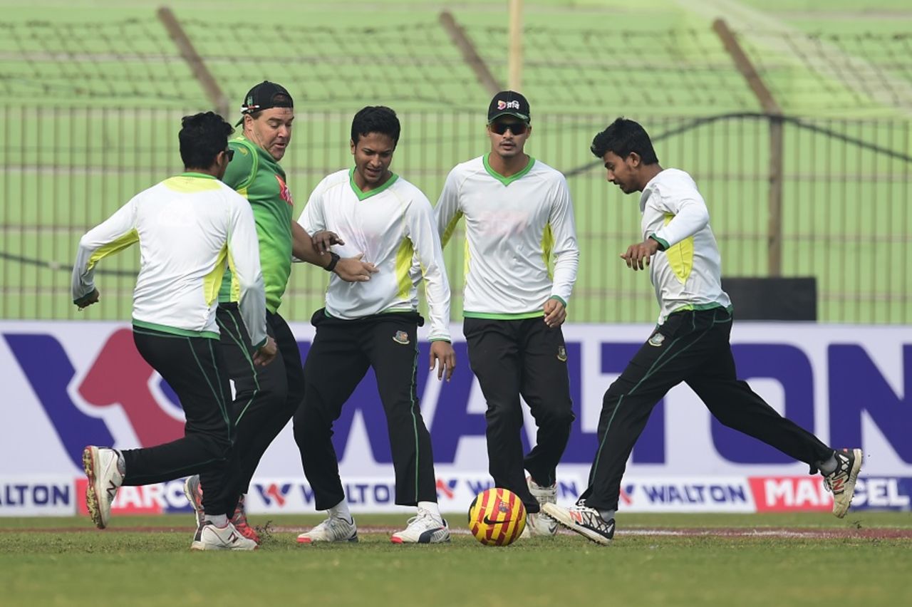 Heath Streak joins the Bangladesh players in a game of football, Khulna, January 19, 2016