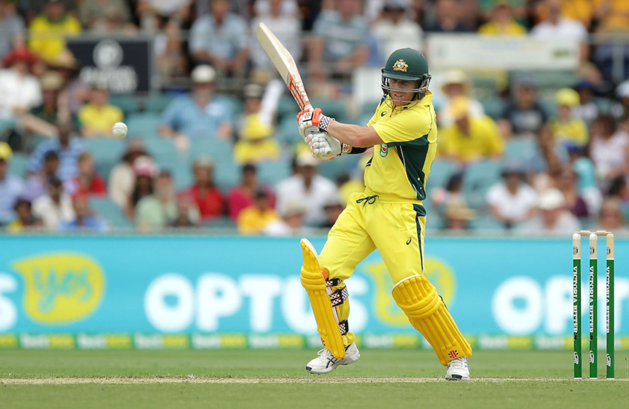 David Warner swats the ball into the off side, Australia v India, 4th ODI, Canberra, January 20, 2016
