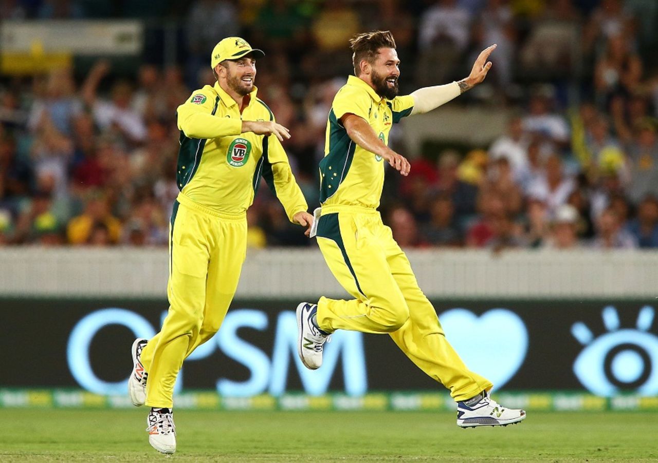 Kane Richardson is jubilant after taking a wicket, Australia v India, 4th ODI, Canberra, January 20, 2016