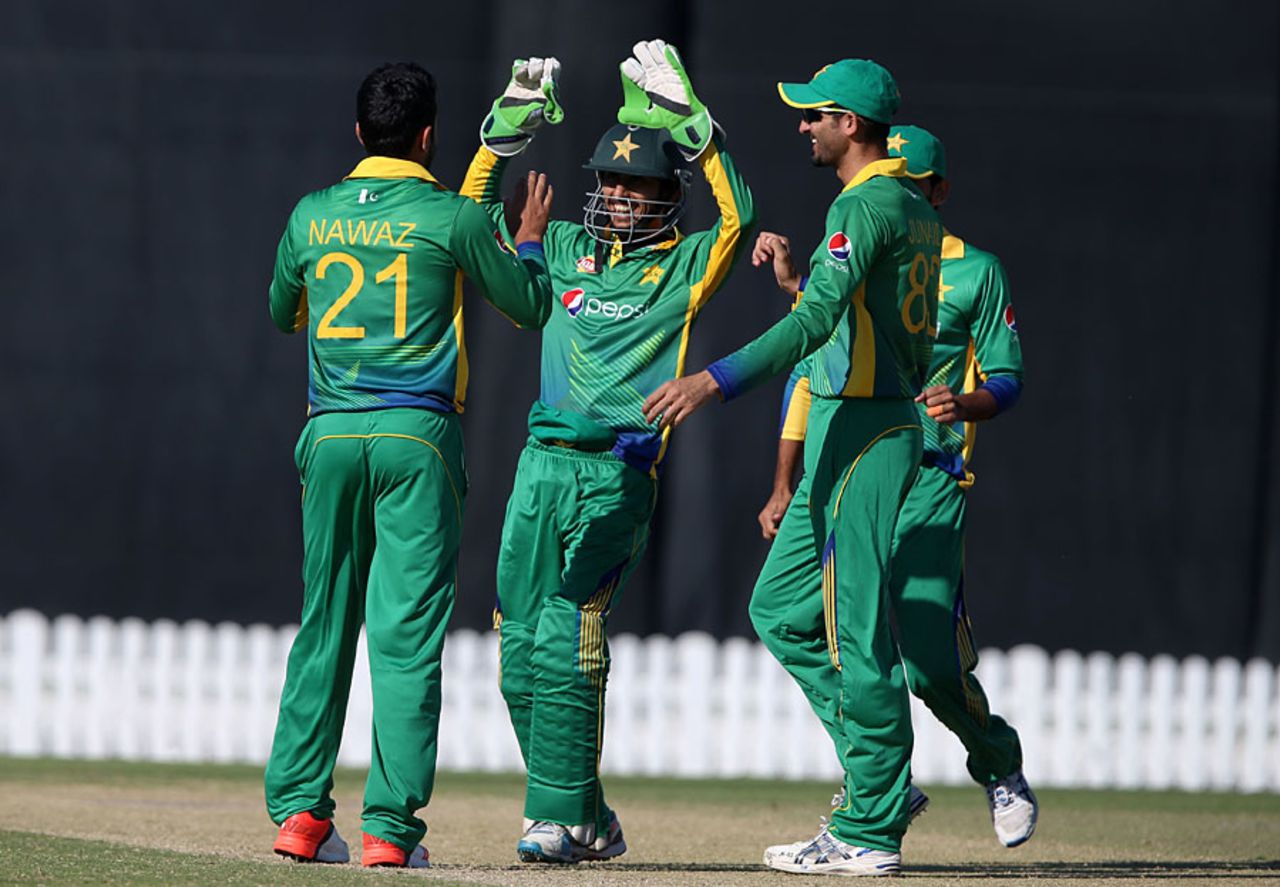 Mohammad Nawaz is congratulated on one of his two wickets, Pakistan A v England Lions, 1st one-dayer, Dubai, January 20, 2016
