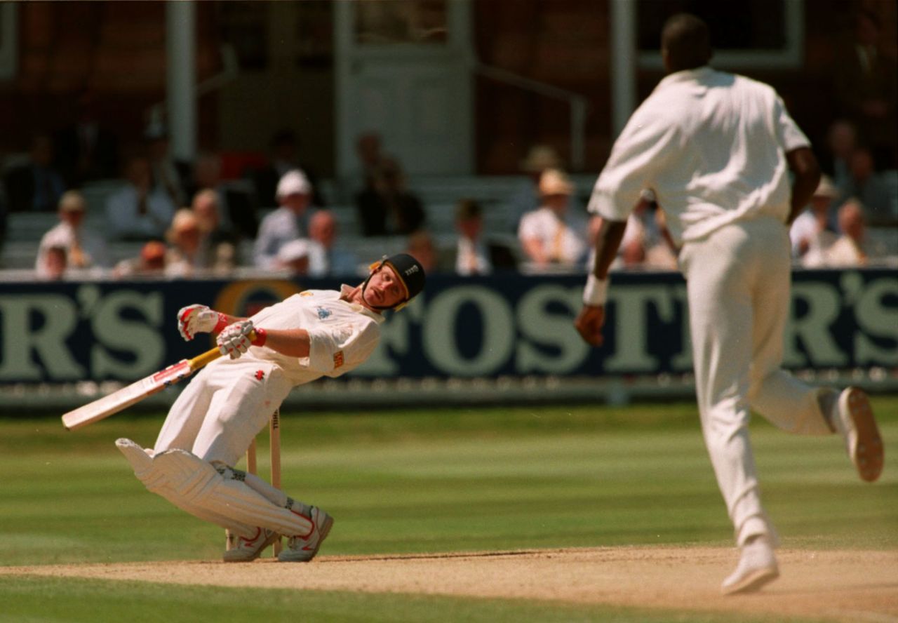 Robin Smith avoids a short ball from Curtly Ambrose, England v West Indies, third Test, Birmingham, July 6, 1995