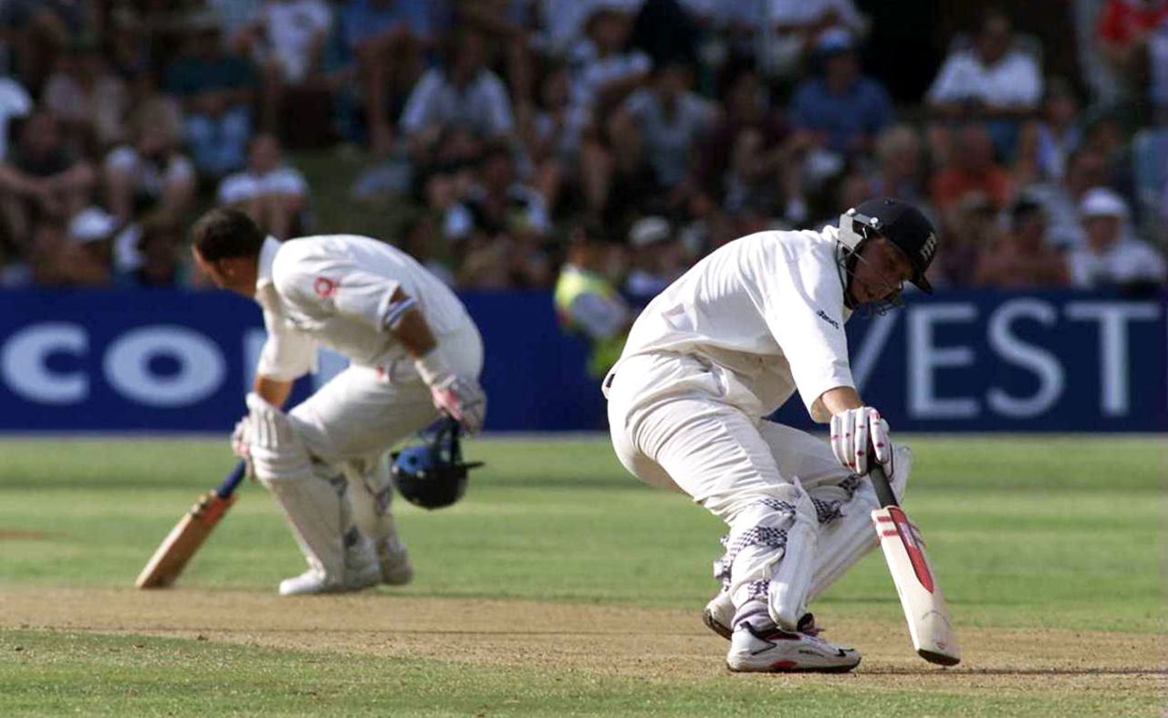 Michael Atherton and Nasser Hussain take a run during the 155-run partnership, South Africa v England, 2nd Test, Port Elizabeth, 2nd day, December 10, 1999