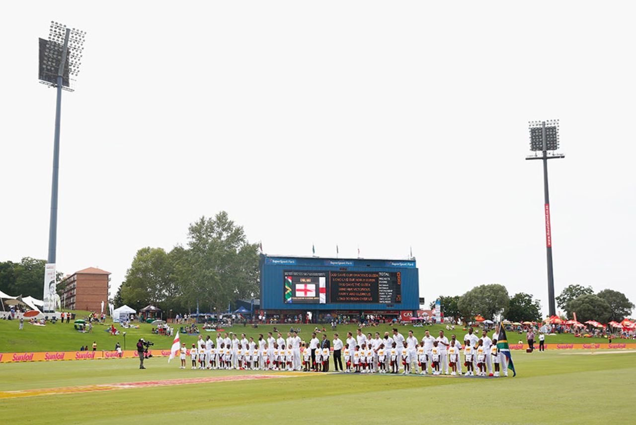 The teams line up for the national anthems, South Africa v England, 4th Test, Centurion, 1st day, January 22, 2016