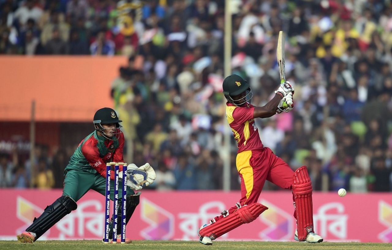 Richmond Mutumbami targets the leg side, Bangladesh v Zimbabwe, 4th T20I, Khulna, January 22, 2016