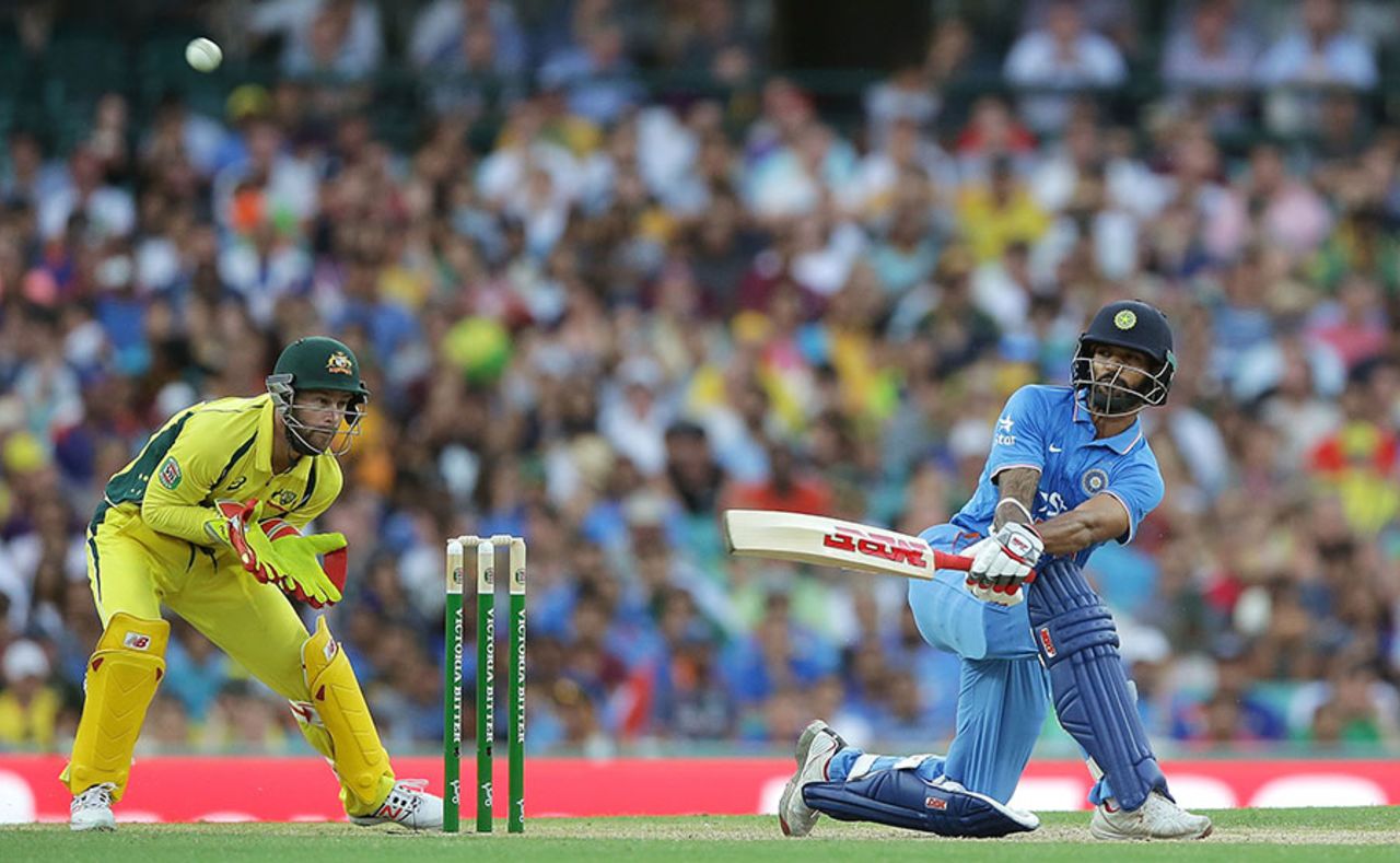 Shikhar Dhawan sweeps high over the leg side, Australia v India, 5th ODI, Sydney, January 23, 2016