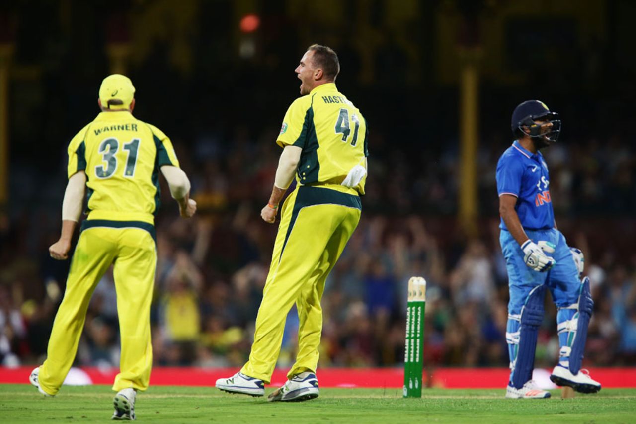 John Hastings lets out a cry after removing Rohit Sharma for 99, Australia v India, 5th ODI, Sydney, January 23, 2016