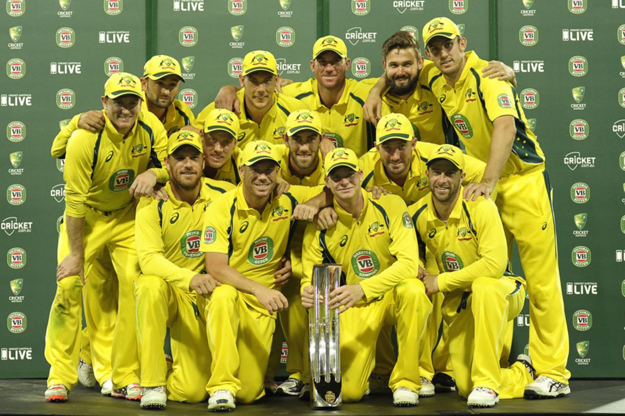 The Australia players pose with the series trophy, Australia v India, 5th ODI, Sydney, January 23, 2016