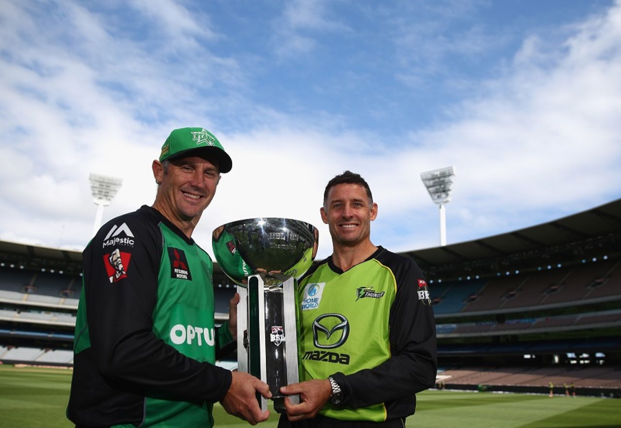 The Hussey brothers pose with the BBL trophy, Melbourne, January 23, 2016