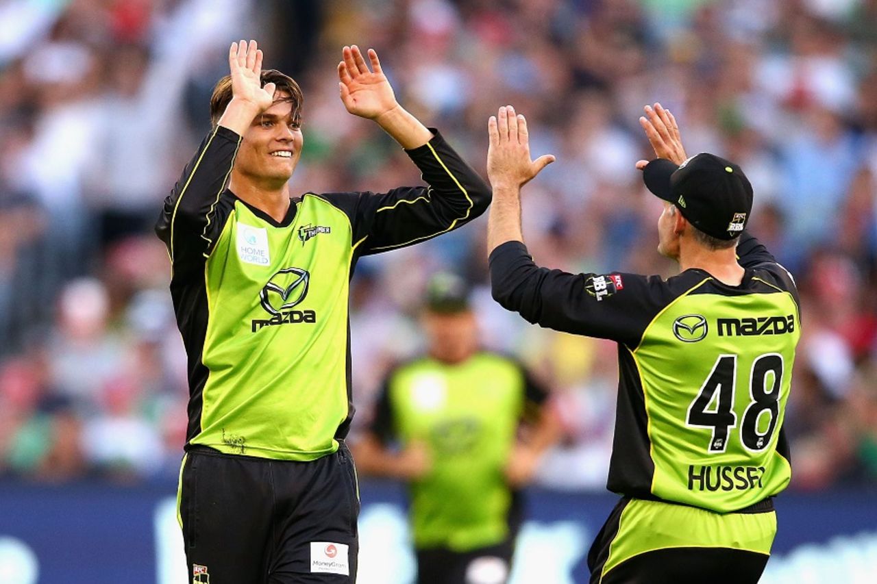 Chris Green celebrates one of his two wickets, Melbourne Stars v Sydney Thunder, BBL final 2015-16, Melbourne, January 24, 2016