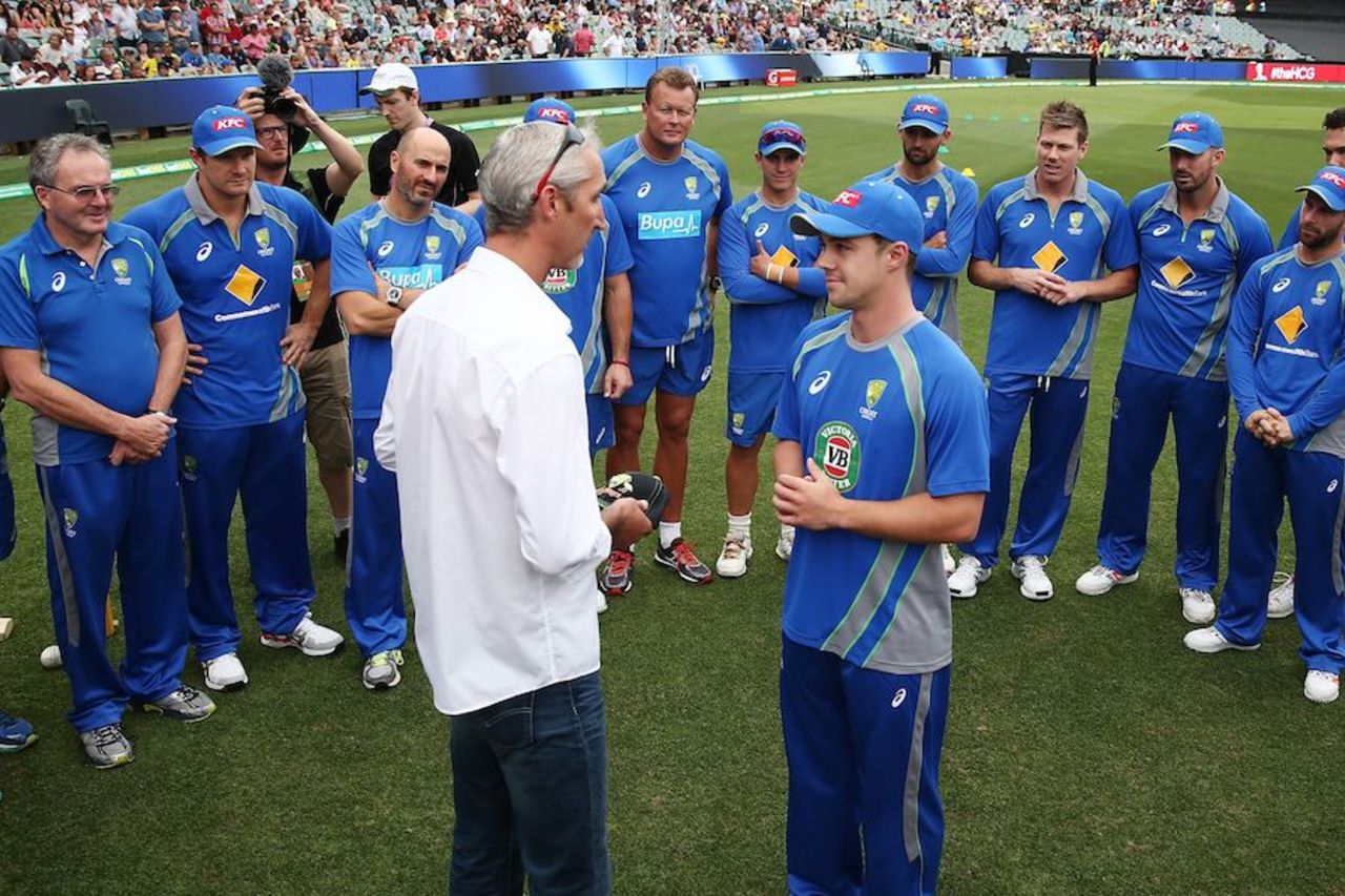 Jason Gillespie gives Travis Head his Australia cap, Australia v India, 1st T20 international, Adelaide, January 26, 2016