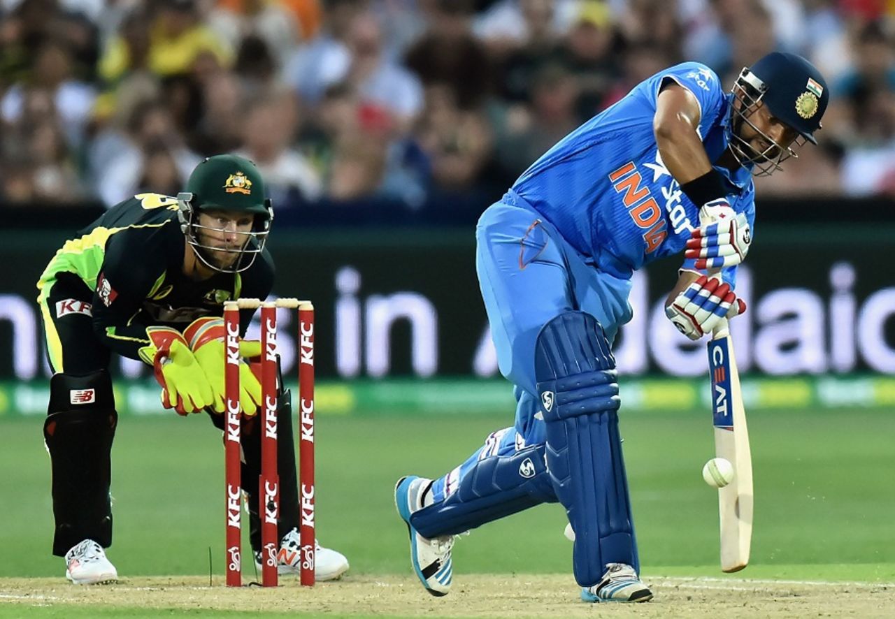 Suresh Raina targets the leg side, Australia v India, 1st T20 international, Adelaide, January 26, 2016