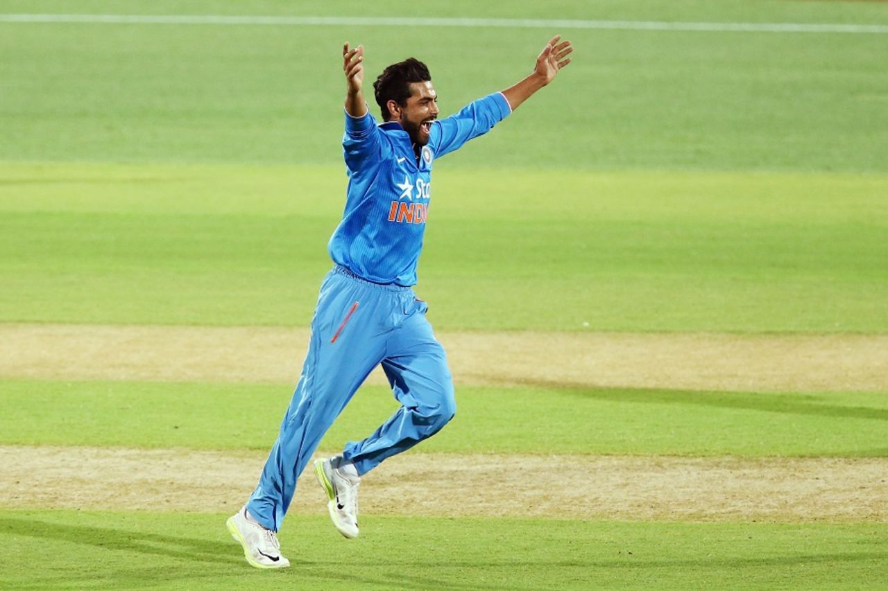 Ravindra Jadeja celebrates one of his two wickets, Australia v India, 1st T20 international, Adelaide, January 26, 2016