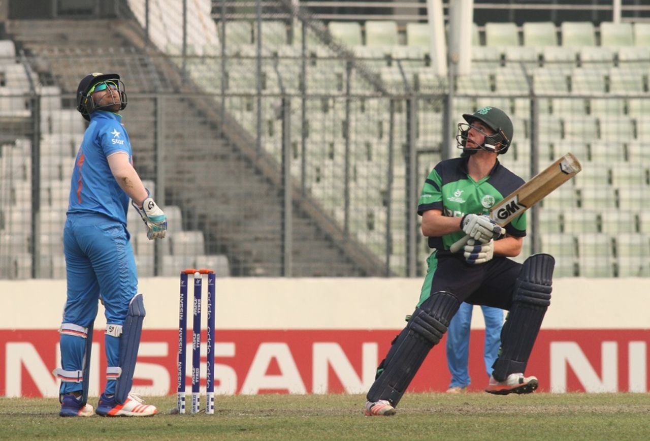 Lorcan Tucker watches one of his scoops go past the wicketkeeper, India v Ireland, Under-19 World Cup 2016, Mirpur, January 28, 2016