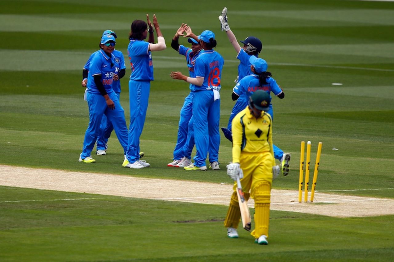 Jhulan Goswami celebrates a wicket with her team-mates, Australia v India, 2nd women's T20I, Melbourne, January 29, 2016