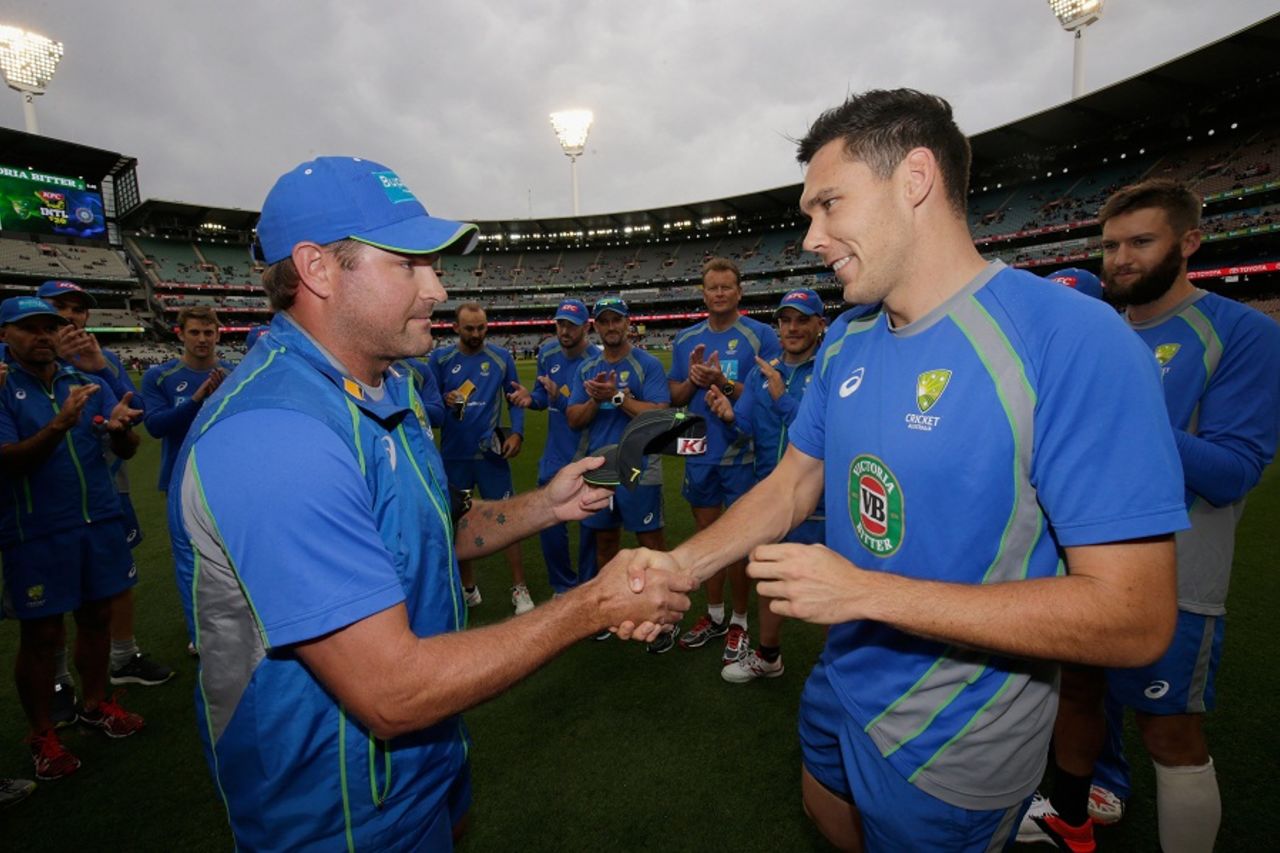 Scott Boland was handed his Australia T20I cap by Ryan Harris, Australia v India, 2nd T20I, Melbourne, January 29, 2016