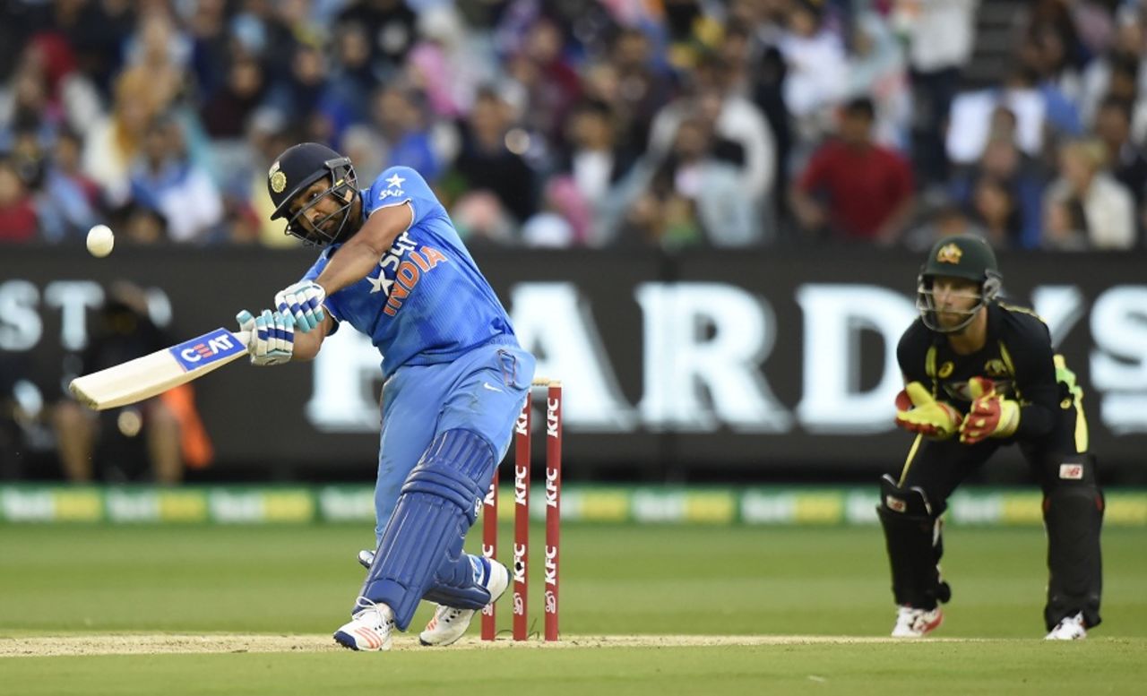 Rohit Sharma smacks one during his 47-ball 60, Australia v India, 2nd T20I, Melbourne, January 29, 2016