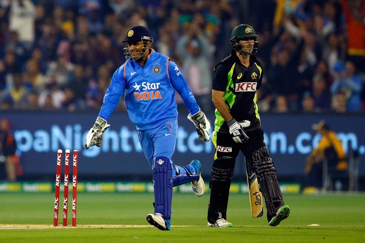 MS Dhoni celebrates after stumping Glenn Maxwell, Australia v India, 2nd T20I, Melbourne, January 29, 2016