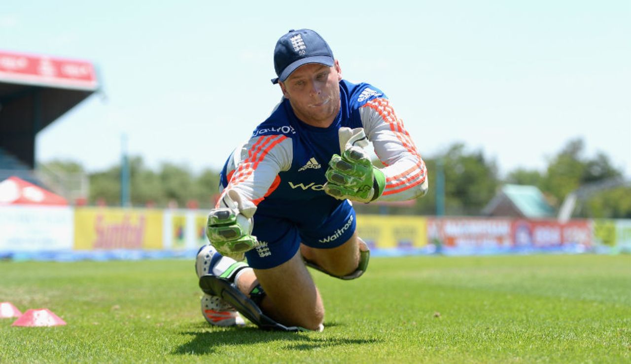 Jos Buttler during a wicketkeeping drill, England nets session, Diamond Oval, Kimberley, January 29, 2016