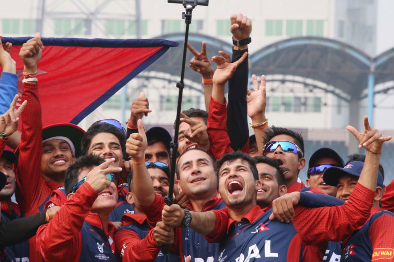 The Nepal Under-19 players celebrate their win with a team selfie, Ireland Under-19 v Nepal Under-19, ICC Under-19 World Cup, Fatullah, January 30, 2016