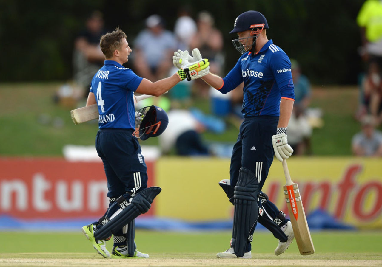 James Taylor gets a handshake for his hundred, South Africa A v England Lions, Tour match, Kimberley, January 30, 2016