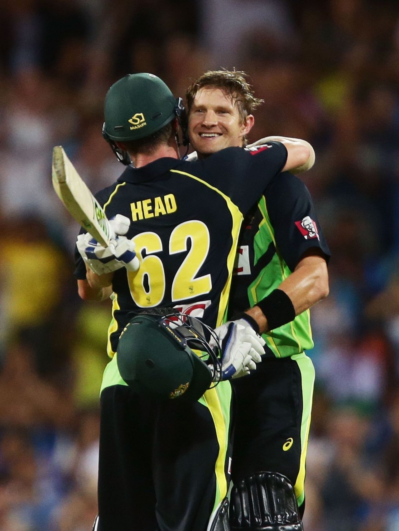 Shane Watson hugs Travis Head after reaching his century, Australia v India, 3rd T20I, Sydney, January 31, 2016