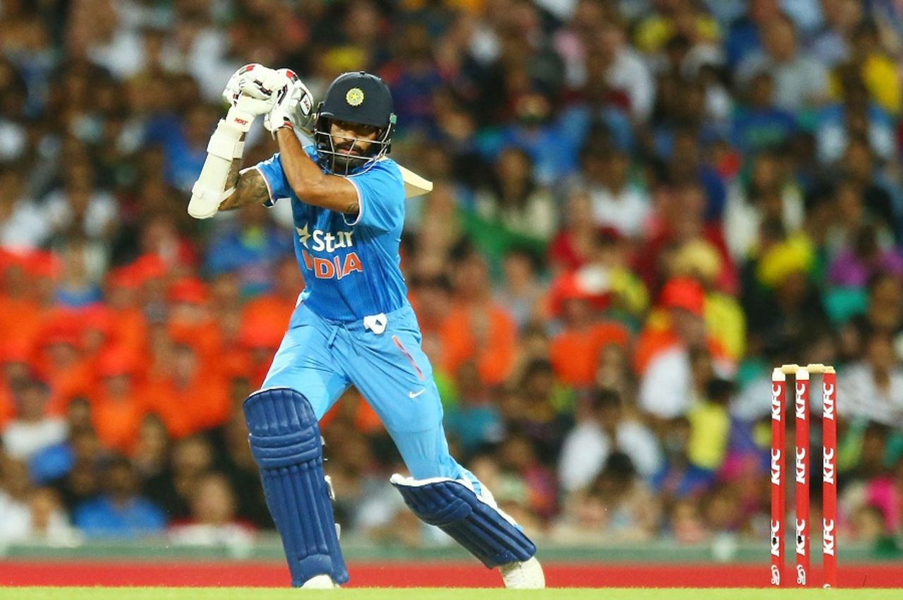 Shikhar Dhawan drives on the front foot, Australia v India, 3rd T20I, Sydney, January 31, 2016