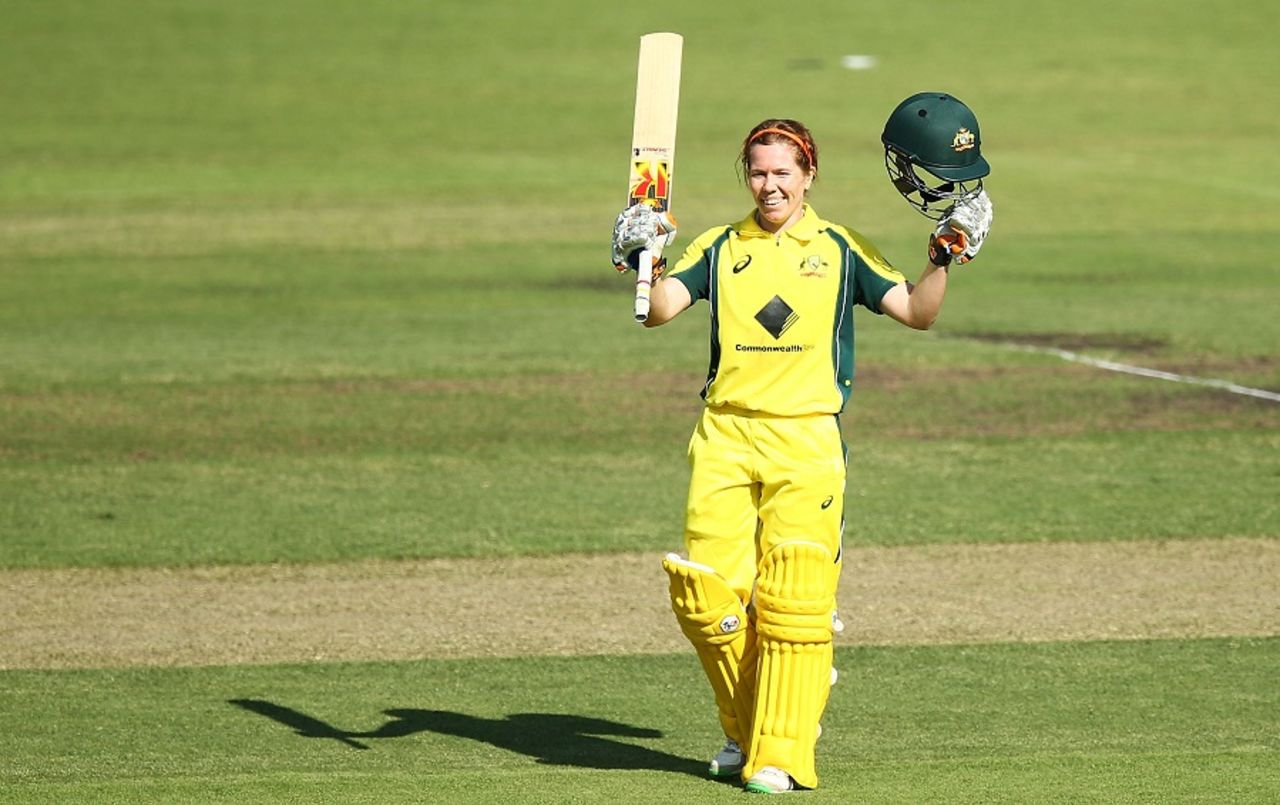 Alex Blackwell celebrates her century, Australia v India, 1st Women's ODI, Canberra, February 2, 2016