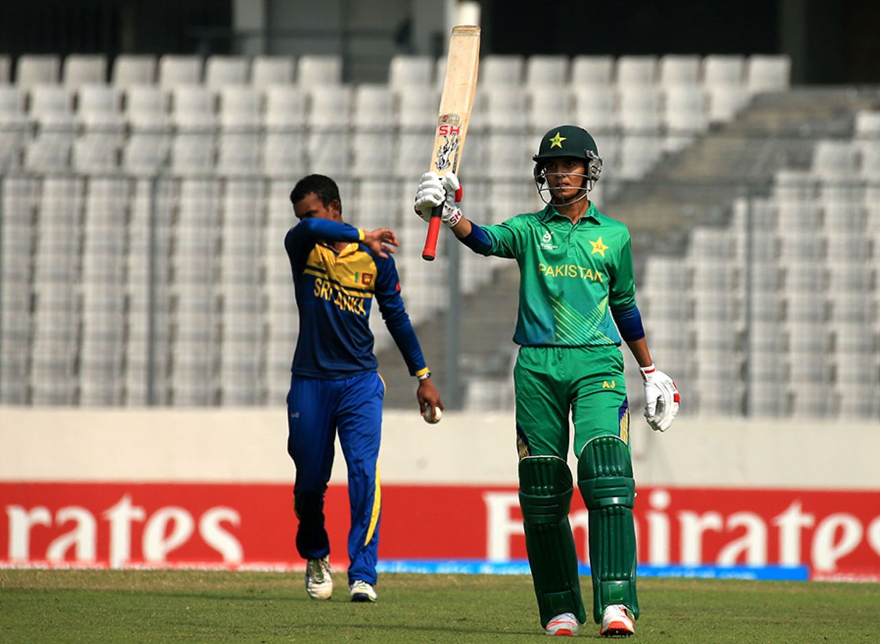 Hasan Mohsin raises his bat after scoring his first fifty of the tournament, Pakistan v Sri Lanka, Under-19 World Cup 2016, Mirpur, February 3, 2016