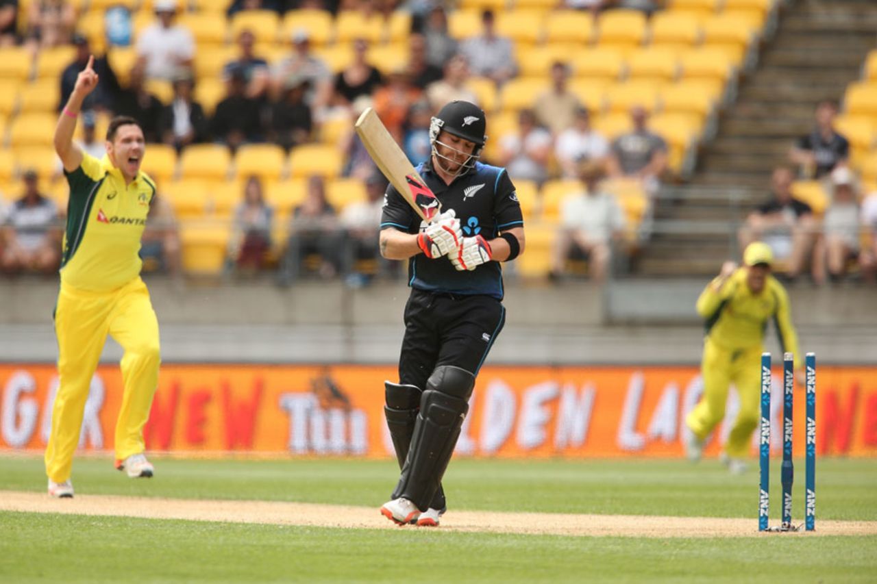 Scott Boland exults after removing Brendon McCullum, New Zealand v Australia, 2nd ODI, Wellington, February 6, 2016