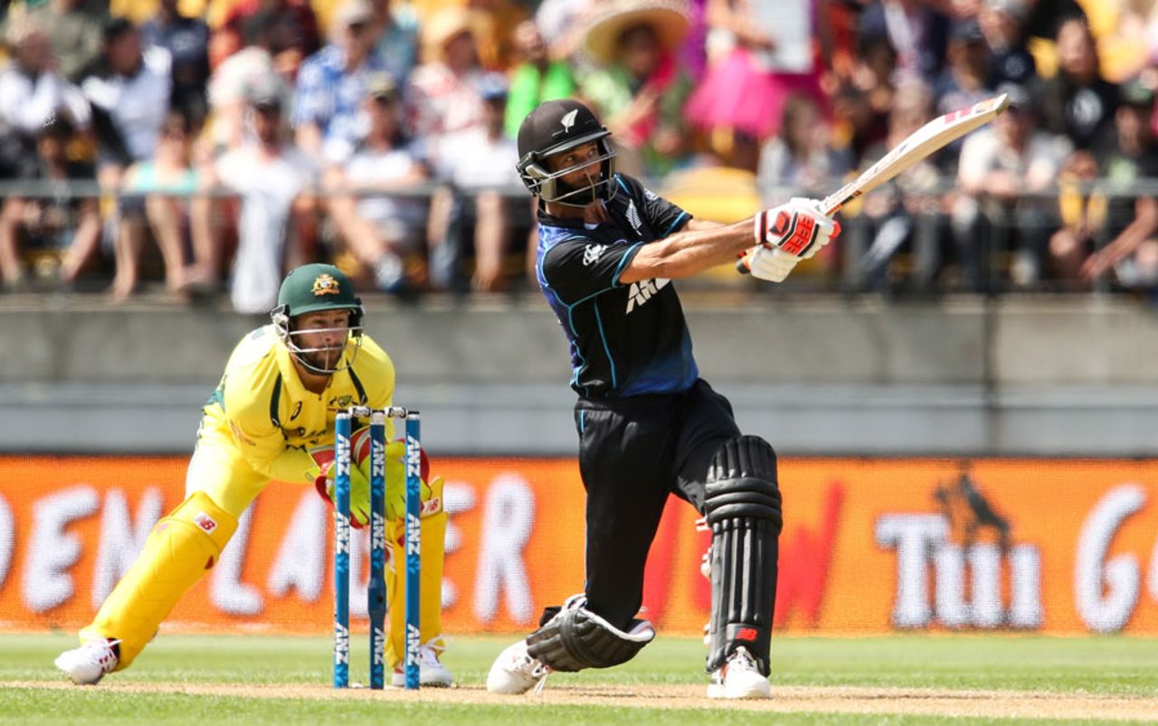 Grant Elliott launches one to the leg side, New Zealand v Australia, 2nd ODI, Wellington, February 6, 2016