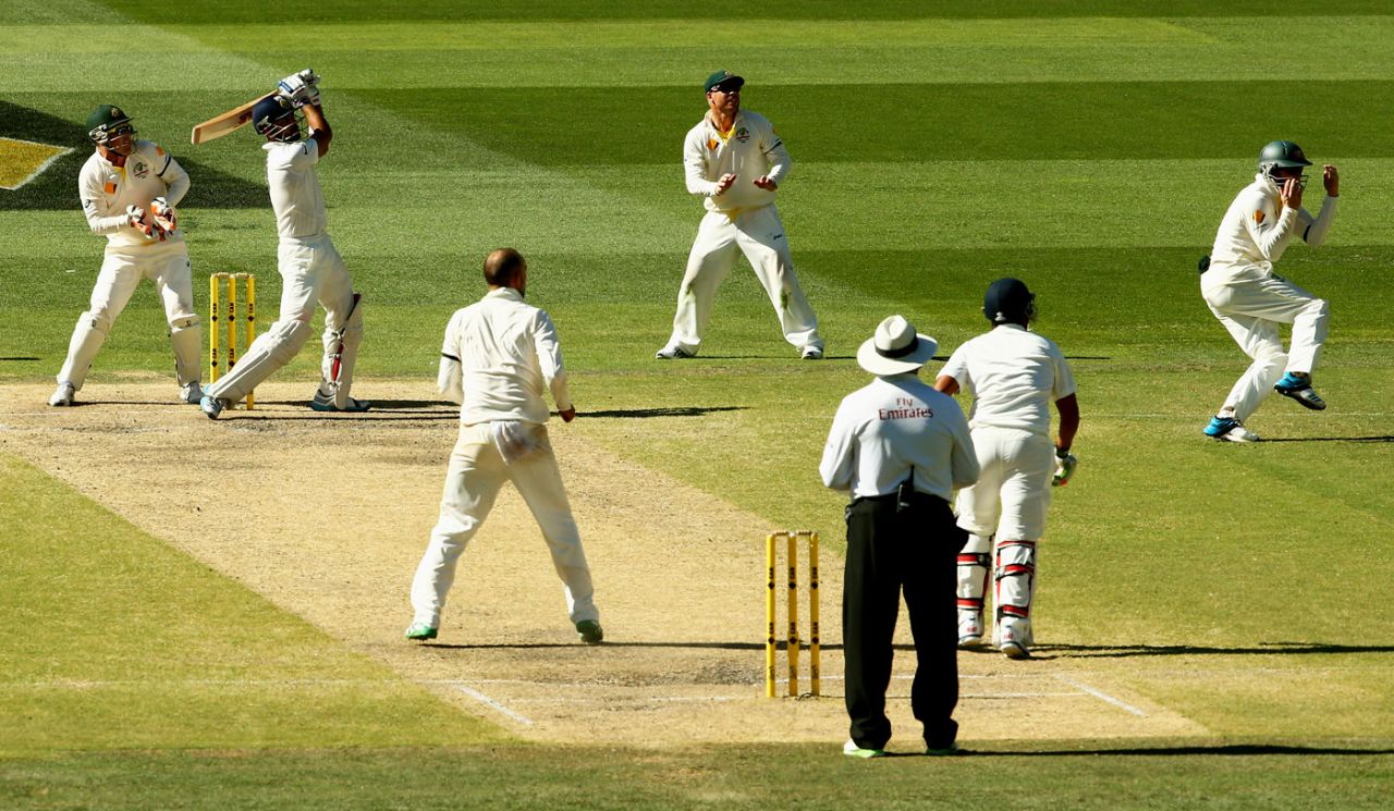 Virat Kohli takes runs off Nathan Lyon, Australia v India, 1st Test, Adelaide, 5th day, December 13, 2014