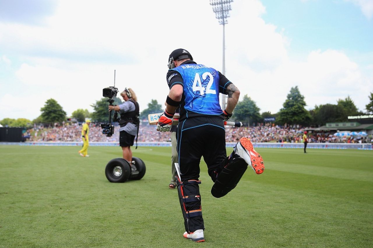Brendon McCullum is filmed as he walks out to bat in his final ODI, New Zealand v Australia, 3rd ODI, Hamilton, February 8, 2016