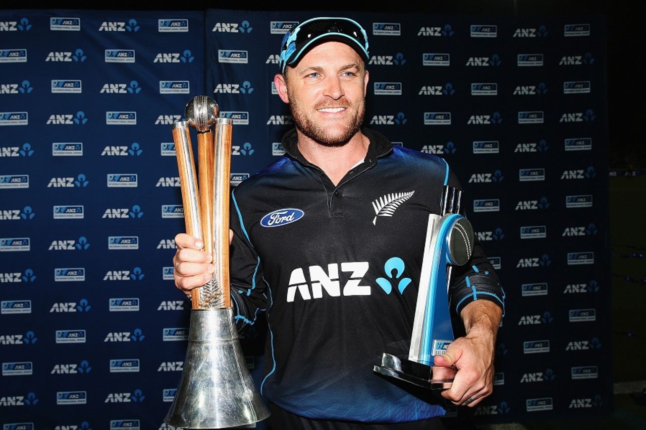 Brendon McCullum poses with the series trophies, New Zealand v Australia, 3rd ODI, Hamilton, February 8, 2016