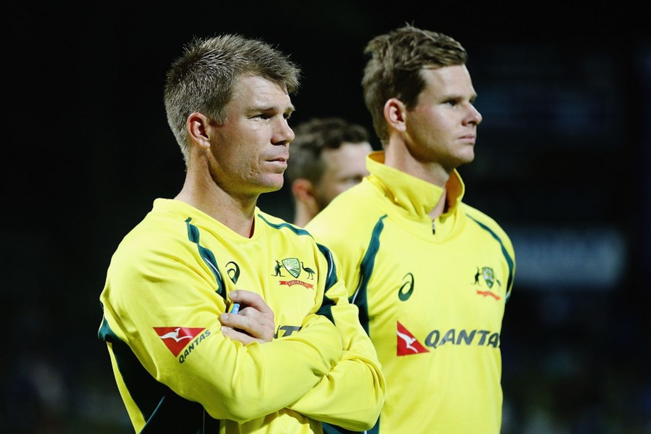 Steven Smith and David Warner look dejected after losing the series, New Zealand v Australia, 3rd ODI, Hamilton, February 8, 2016