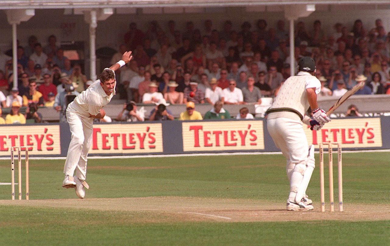 Andrew Caddick bowls to Mark Waugh, England v Australia, 5th Test, Trent Bridge, 2nd day, August 8, 1997
