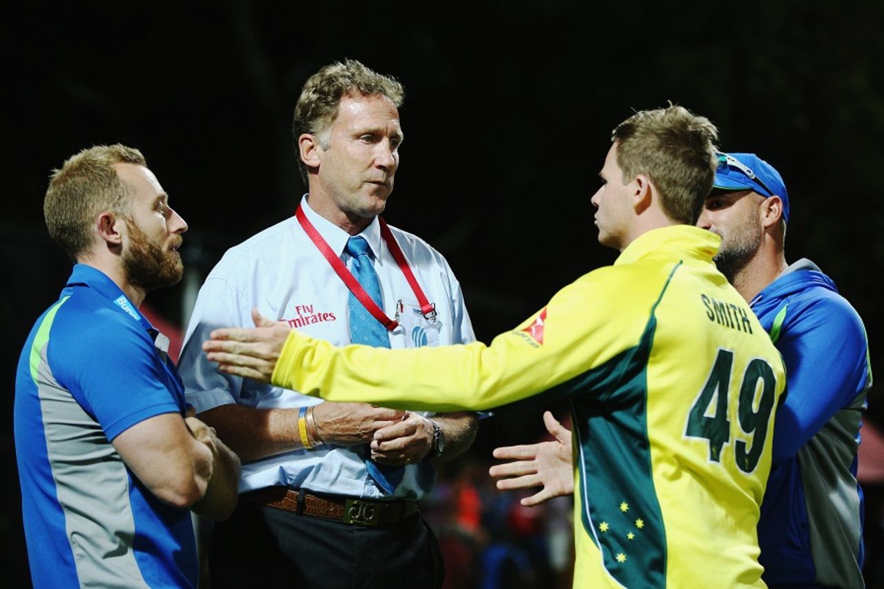 Steven Smith talks to match referee Chris Broad after the match, New Zealand v Australia, 3rd ODI, Hamilton, February 8, 2016