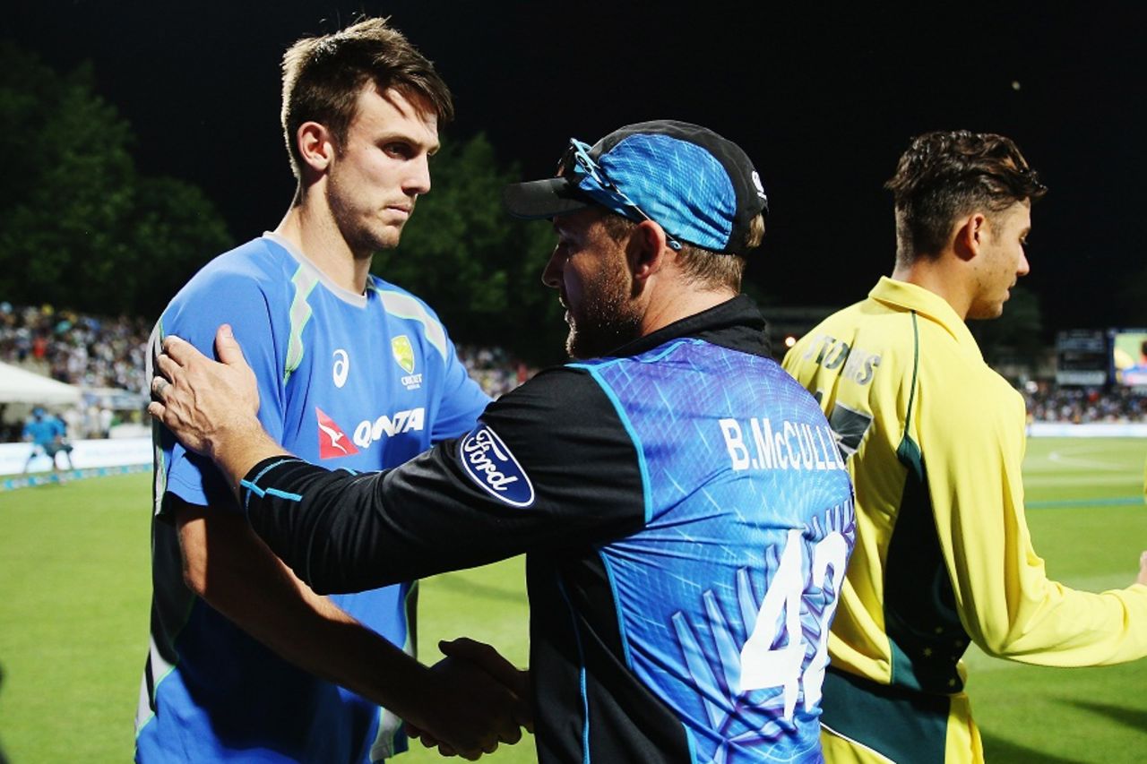 Brendon McCullum and Mitchell Marsh greet each other after the match, New Zealand v Australia, 3rd ODI, Hamilton, February 8, 2016