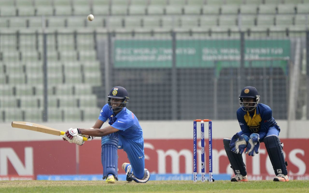 Washington Sundar gets down for a sweep, India v Sri Lanka, Under-19 World Cup 2016, Mirpur