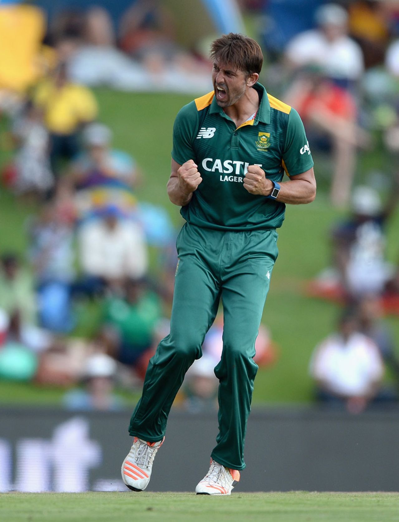 David Wiese celebrates the wicket of Eoin Morgan, South Africa v England, 3rd ODI, Centurion, February 9, 2016