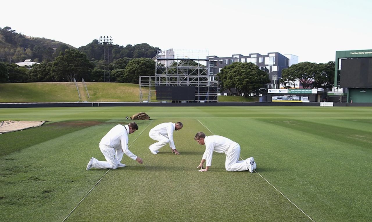 Steven Smith, Nathan Lyon and David Warner examine the pitch at Basin Reserve, Wellington, February 10, 2016