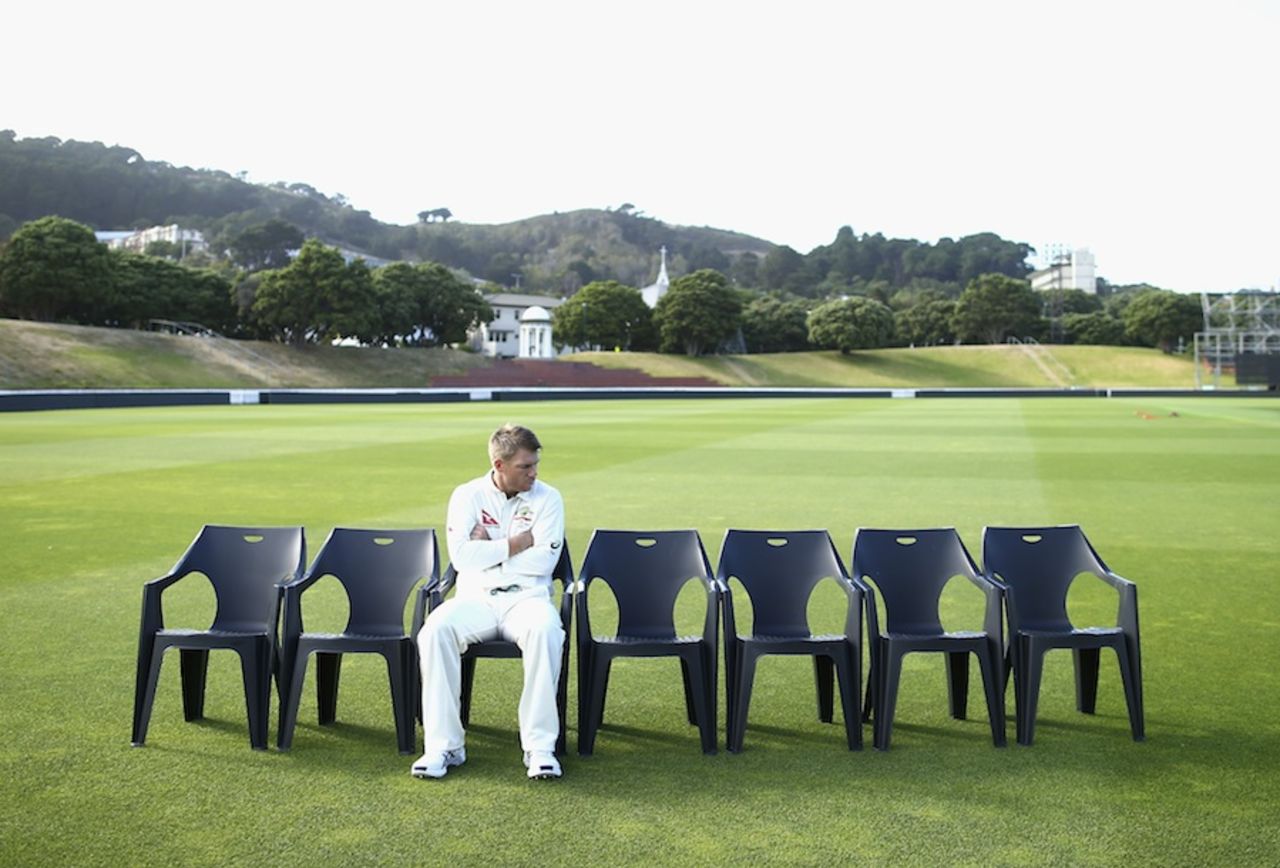 David Warner waits for his team-mates for the team photo at Basin Reserve, Wellington, February 10, 2016