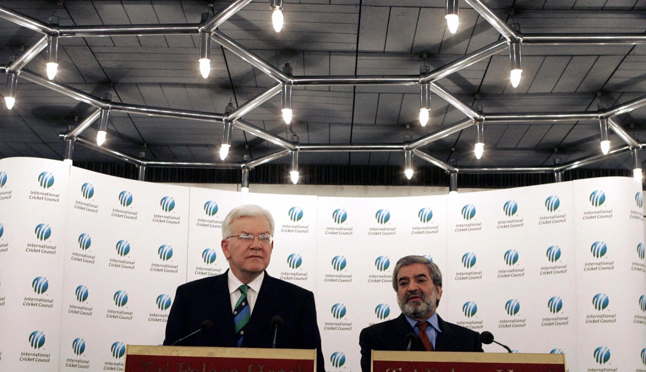 Malcolm Speed, chief executive of the ICC, and Ehsan Mani, ICC president, address a press conference, New Delhi, March 18, 2005