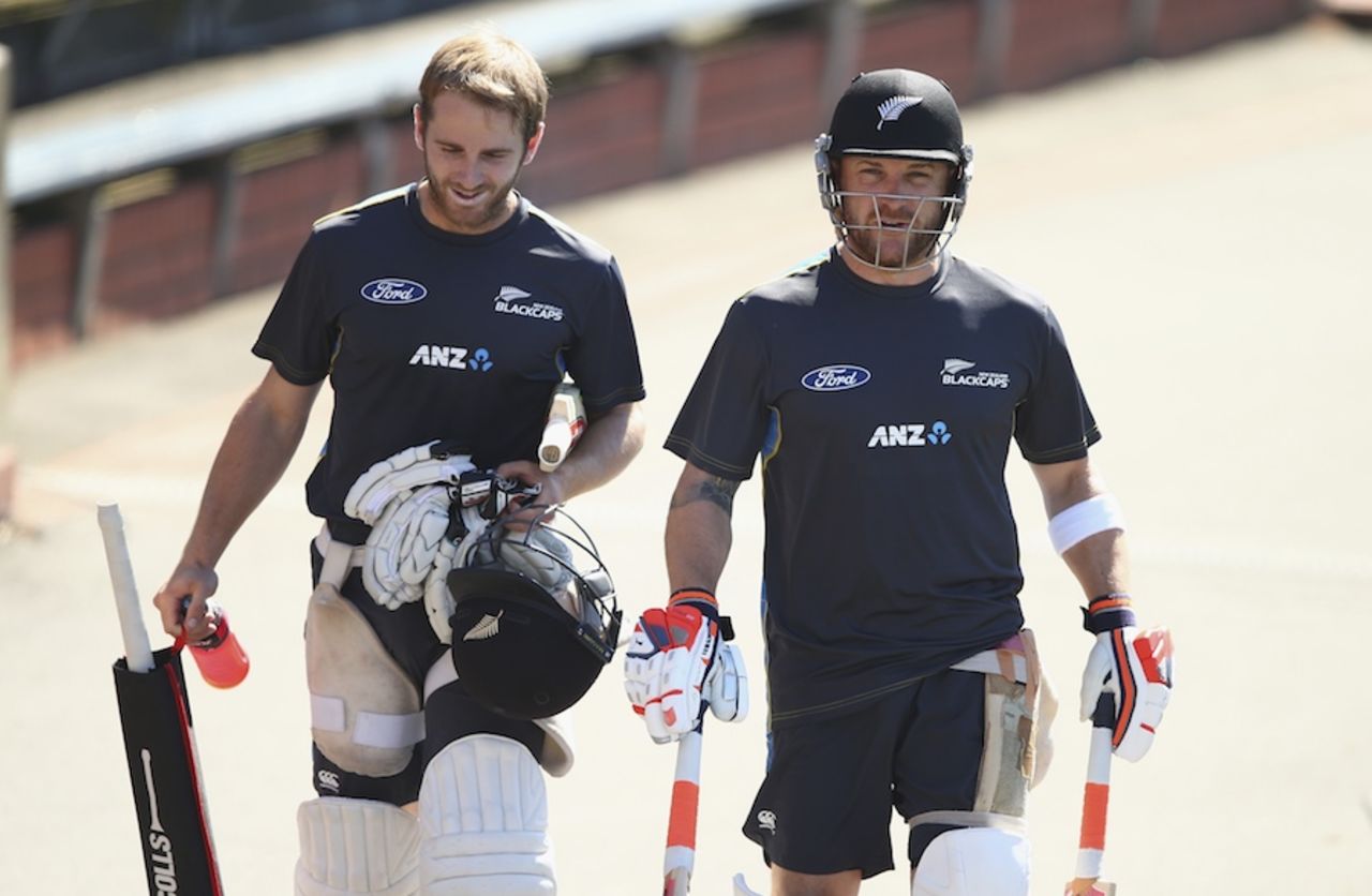 Brendon McCullum and Kane Williamson walk to the nets at Basin Reserve, Wellington, February 11, 2016