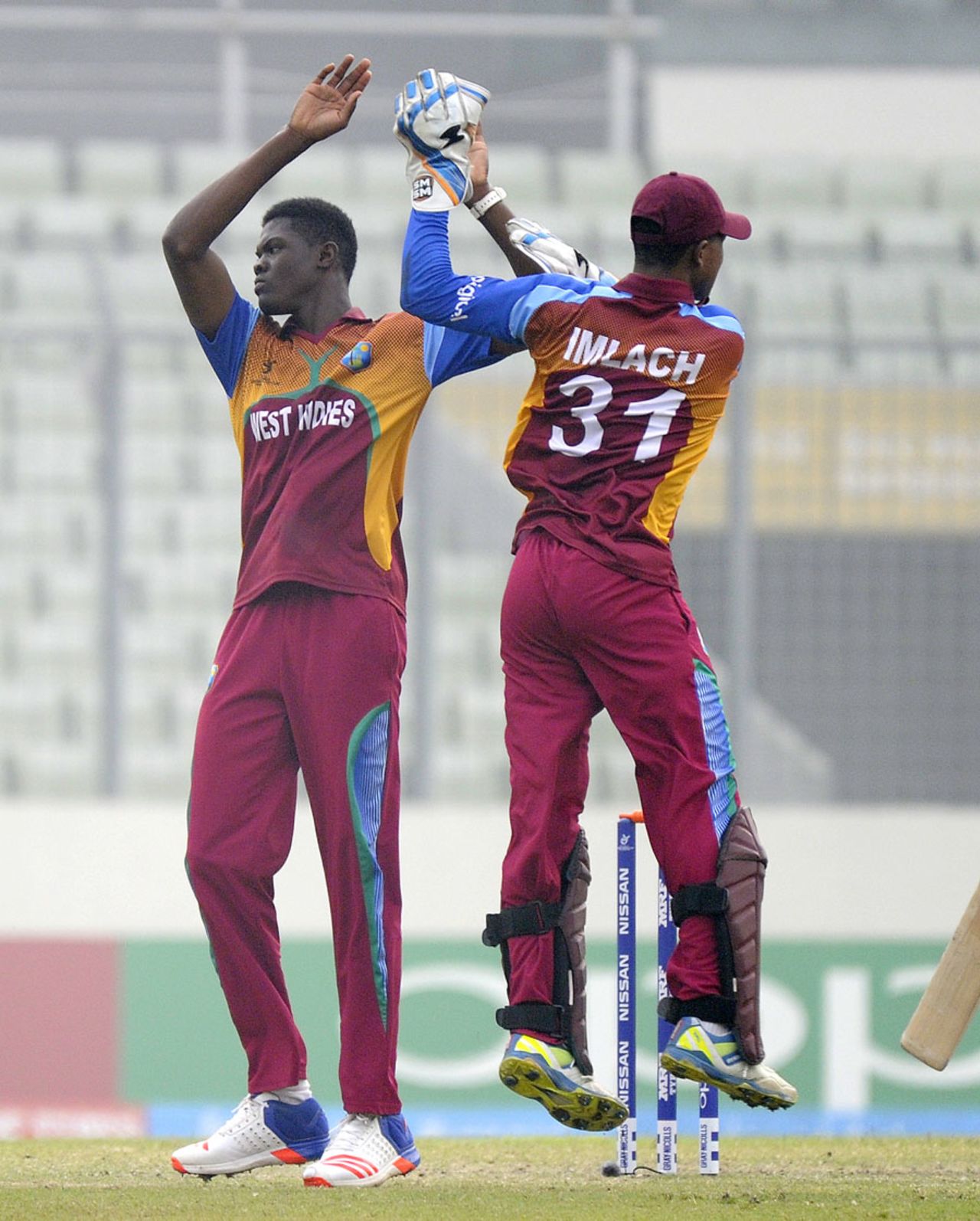Alzarri Joseph celebrates the wicket of Saif Hassan, Bangladesh Under-19s v West Indies Under-19s, Under-19 World Cup, semi-final, Dhaka, February 11, 2016