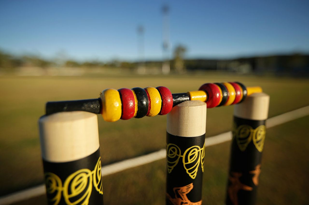 A set of decorated stumps at the National Indigenous Cricket Championships, Alice Springs, February 10, 2015