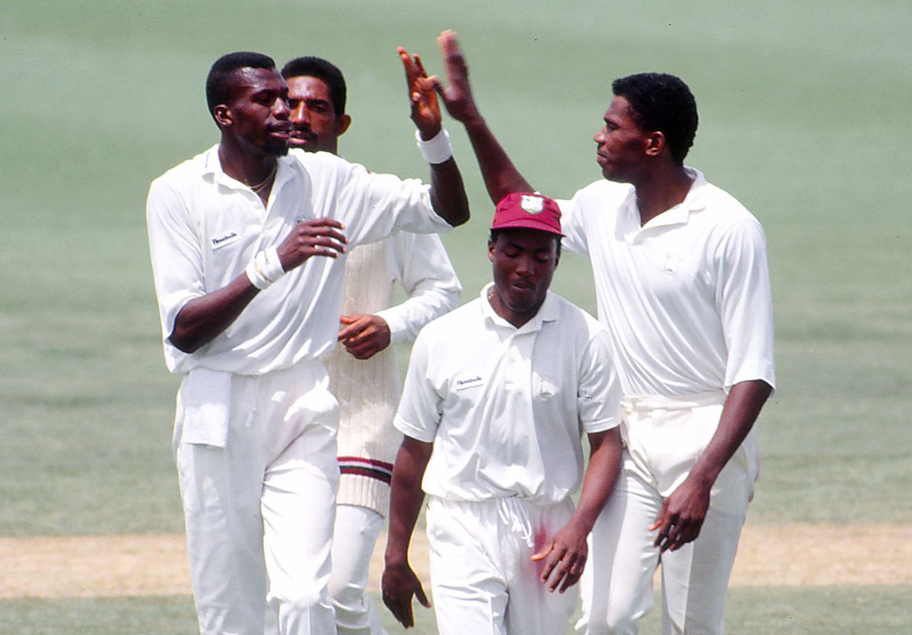 Curtly Ambrose, Phil Simmons, Brian Lara and Ian Bishop celebrate a wicket, Australia v West Indies, 4th Test, Adelaide, January 25, 1993