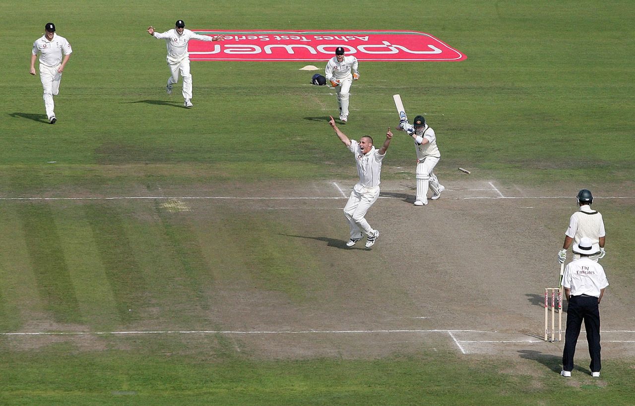 Michael Clarke is bowled shouldering arms to Simon Jones, England v Australia, 3rd Test, Old Trafford, 5th day, August 15, 2005