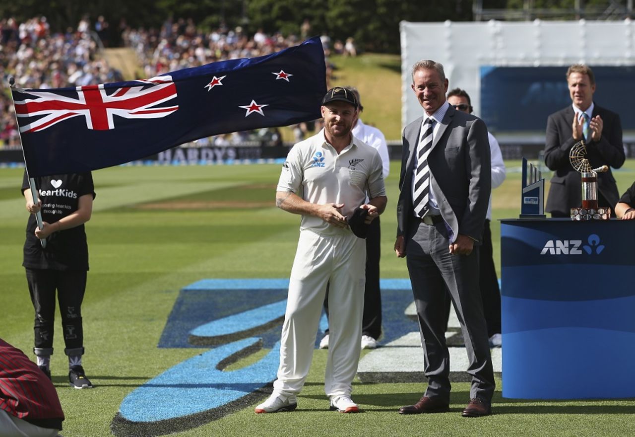 Brendon McCullum was handed a commemorative cap for his 100th Test by New Zealand cricket president Stephen Booch, New Zealand v Australia, 1st Test, Wellington, 1st day, February 12, 2016, 