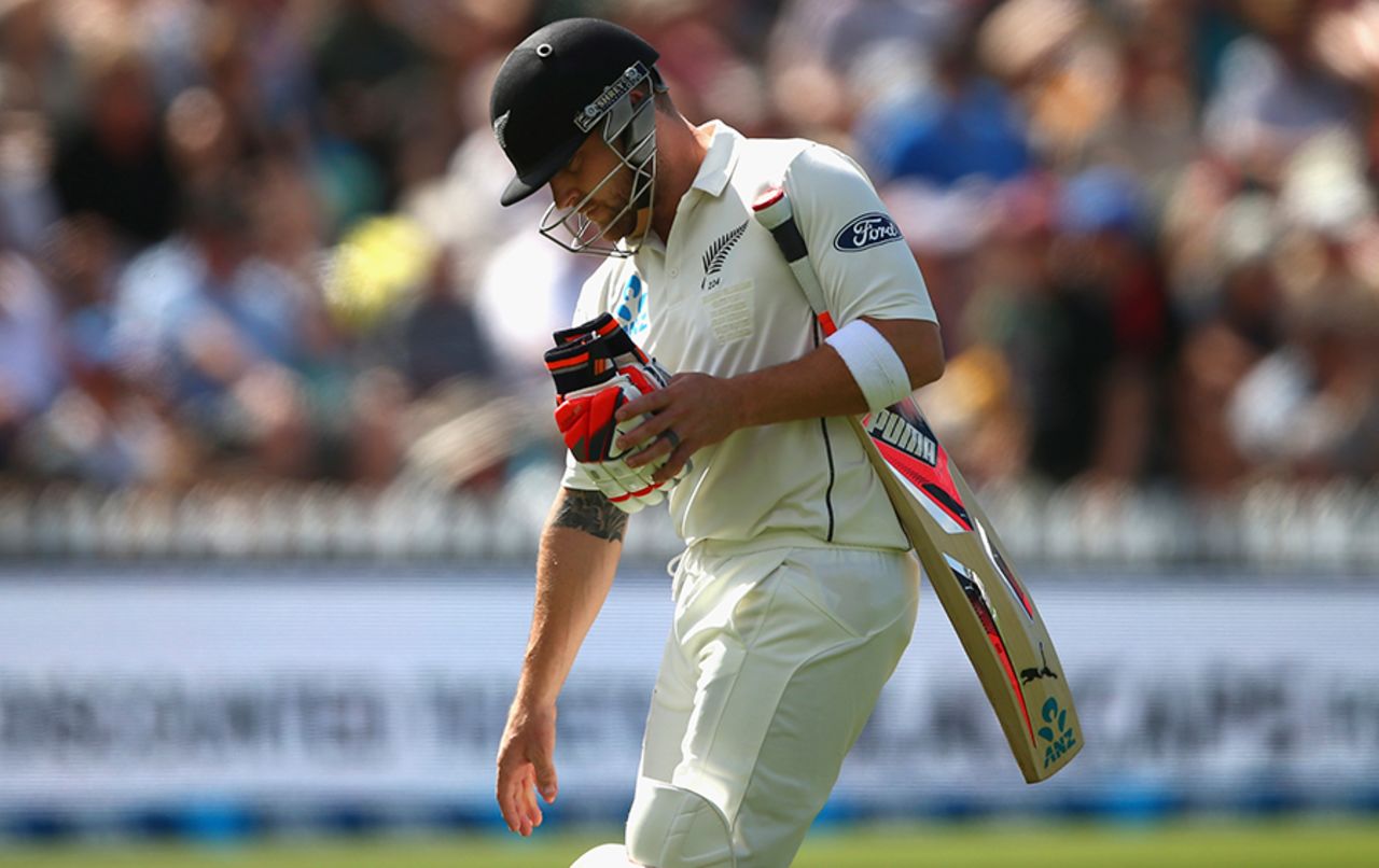 Brendon McCullum walks back dejected after falling for 0 to Josh Hazlewood, New Zealand v Australia, 1st Test, Wellington, 1st day, February 12, 2016